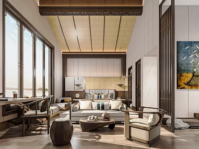Hotel Guest Room Featuring Floor to Ceiling Windows Scenic View Wooden Ceiling and Bird Painting 3d model