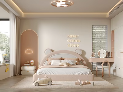 Cozy Children's Bedroom With Bear Shaped Headboard Cloud Lamp And Golden Never Grow Up Sign 3d model