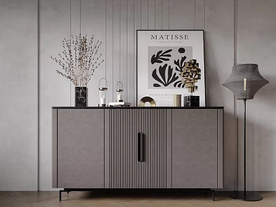 Modern Gray Sideboard With Black Countertop Metal Legs Decorative Items Matisse Artwork And Floor Lamp 3d model