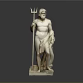 Full Length Bearded Male Marble Sculpture Holding Trident Standing On Pedestal