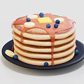 Stack of Fluffy Pancakes Topped With Blueberries Butter and Syrup Served On a Black Plate