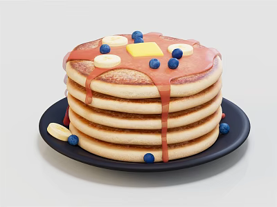 Stack of Fluffy Pancakes Topped With Blueberries Butter and Syrup Served On a Black Plate 3d model