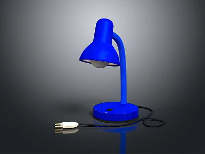 Blue Table Lamp With Curved Arm Base Power Cord And Plug On Reflective Surface 3d model
