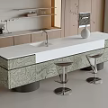 Modern Bar Counter Interior With White Countertop Patterned Cabinets And Two Metallic Bar Stools 3d model