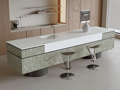 Modern Bar Counter Interior With White Countertop Patterned Cabinets And Two Metallic Bar Stools 3d model
