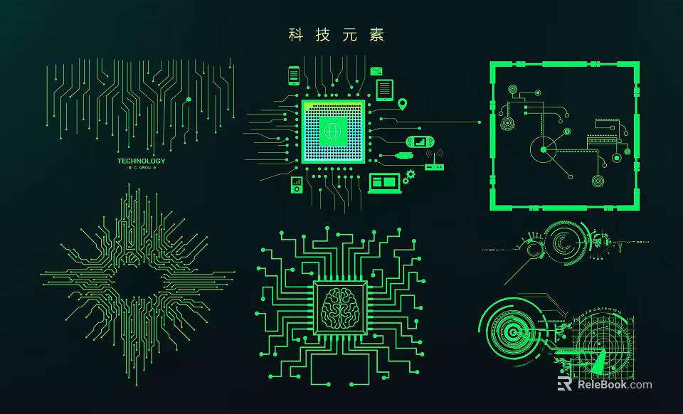 Modern Tech Themed Wall Decor With Green Circuit Board Lines Chips And Gear Designs 3d model 