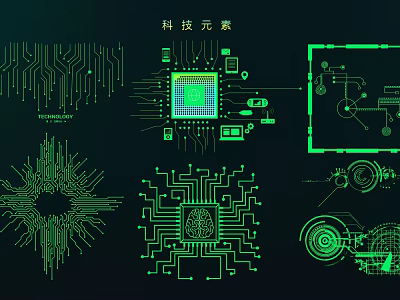 Modern Tech Themed Wall Decor With Green Circuit Board Lines Chips And Gear Designs 3d model