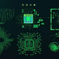 Modern Tech Themed Wall Decor With Green Circuit Board Lines Chips And Gear Designs