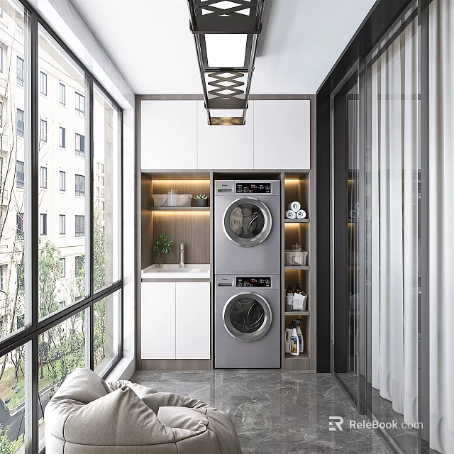 Home Balcony Space With Double Washing Machines Sink Storage Cabinets And Windows 3d model 