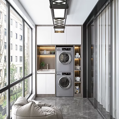 Home Balcony Space With Double Washing Machines Sink Storage Cabinets And Windows 3d model