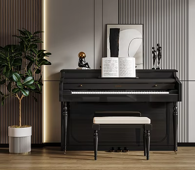Elegant Black Piano With Sheet Music Painting And Bench In Modern Interior 3d model