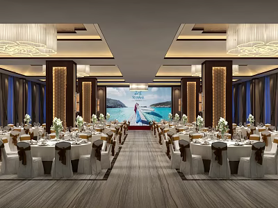 Luxurious Banquet Hall Interior With Elegant Tables Chairs Chandeliers And Decorative Screen 3d model