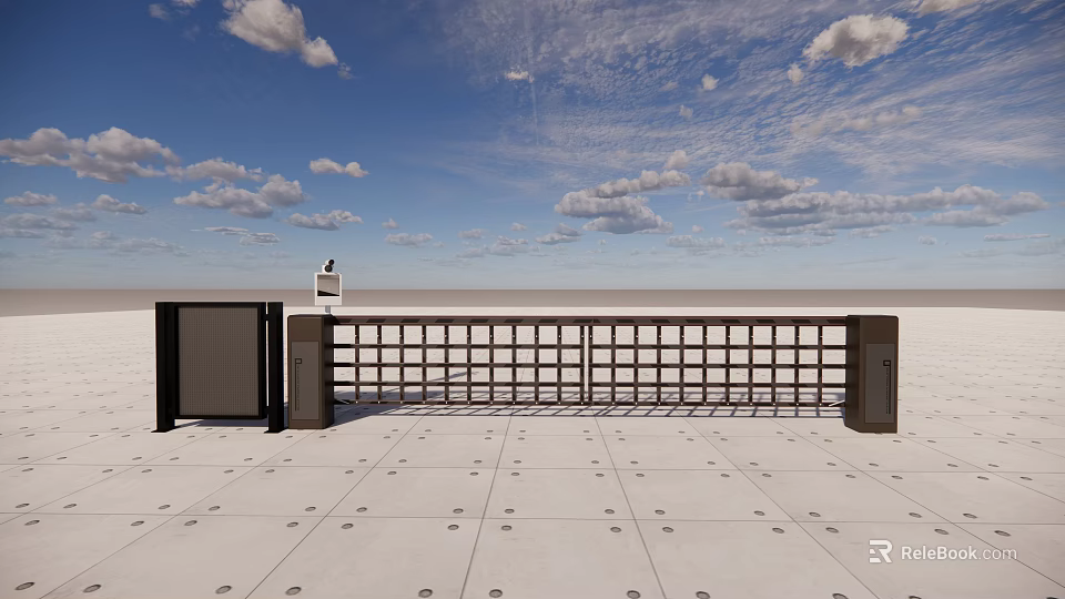 Public Facility Entrance With Metal Railings Control Device And Paved Ground Under Blue Sky 3d model 