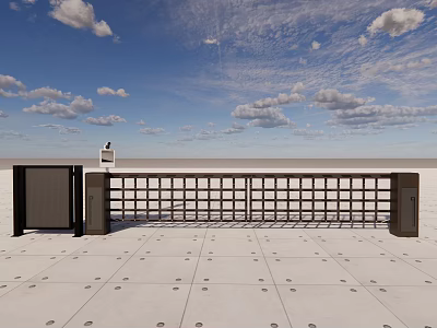 Public Facility Entrance With Metal Railings Control Device And Paved Ground Under Blue Sky 3d model
