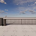 Public Facility Entrance With Metal Railings Control Device And Paved Ground Under Blue Sky