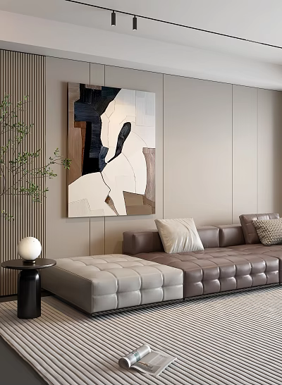 Abstract Painting With Geometric Color Blocks In Modern Living Room Interior With Sofa And Wall 3d model