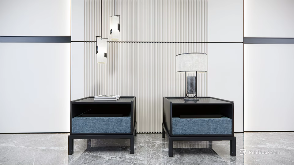 Two Modern Bedside Tables With Black Frame Blue Cushion Table Lamp And Book 3d model