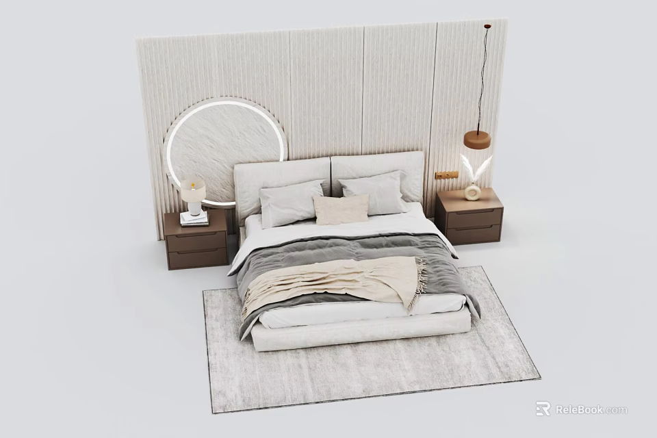 Modern Bedroom Double Bed With Textured Headboard Background Circular Light Nightstands And Table Lamps 3d model 