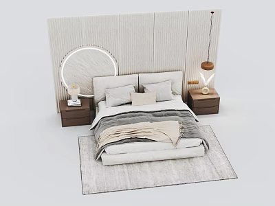 Modern Bedroom Double Bed With Textured Headboard Background Circular Light Nightstands And Table Lamps 3d model