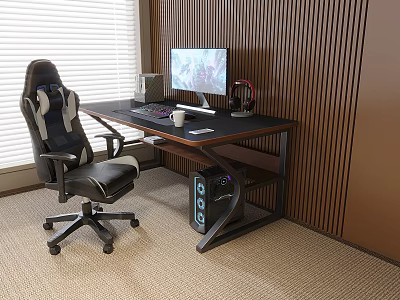 Gaming Desk With Computer Monitor Keyboard Mouse White Cup Gaming Chair Wooden Wall And Blinds 3d model