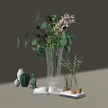 Decorative Ornament Combination With Fresh Flower Bouquets Green Plants Small Figurines Vases And Books