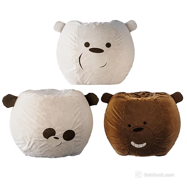 Plush Cartoon Bear Design Stools in White and Brown for Children 3d model 