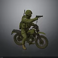 Detailed Military Motorcycle With Soldier in Green Uniform Riding And Holding Gun