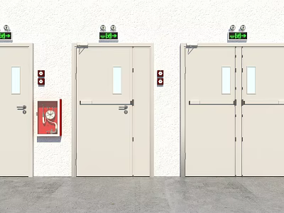 Fire Safety Exit Doors With Emergency Signs And Red Fire Hydrant 3d model