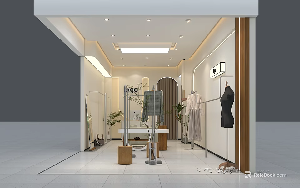 Modern Clothing Store Interior With Mannequins Dresses Display Racks And Plants 3d model 