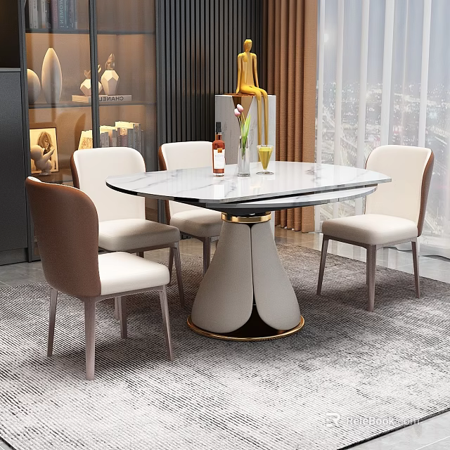 Modern Round Dining Table Set With Marble Top And Upholstered Chairs Brown Backrest White Seat 3d model 