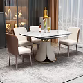 Modern Round Dining Table Set With Marble Top And Upholstered Chairs Brown Backrest White Seat