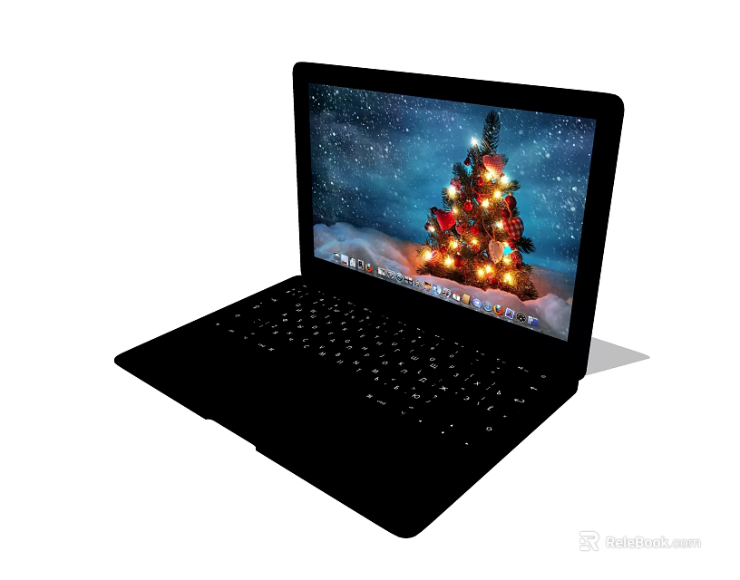 Open Laptop with Screen Showing Lit Christmas Tree in Winter Snowy Night Scene 3d model 