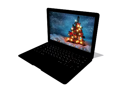 Open Laptop with Screen Showing Lit Christmas Tree in Winter Snowy Night Scene 3d model