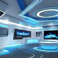 Modern Tech Exhibition Hall With Sleek Curved Design Large Screen And Starry Sky Ceiling
