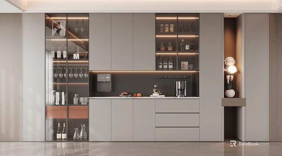 Modern Wine Cabinet With Glass Doors Wine Bottles Glasses Cabinets And Ambient Lighting 3d model 