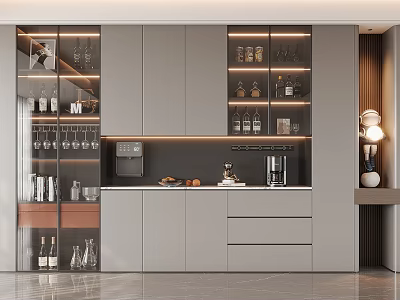 Modern Wine Cabinet With Glass Doors Wine Bottles Glasses Cabinets And Ambient Lighting 3d model