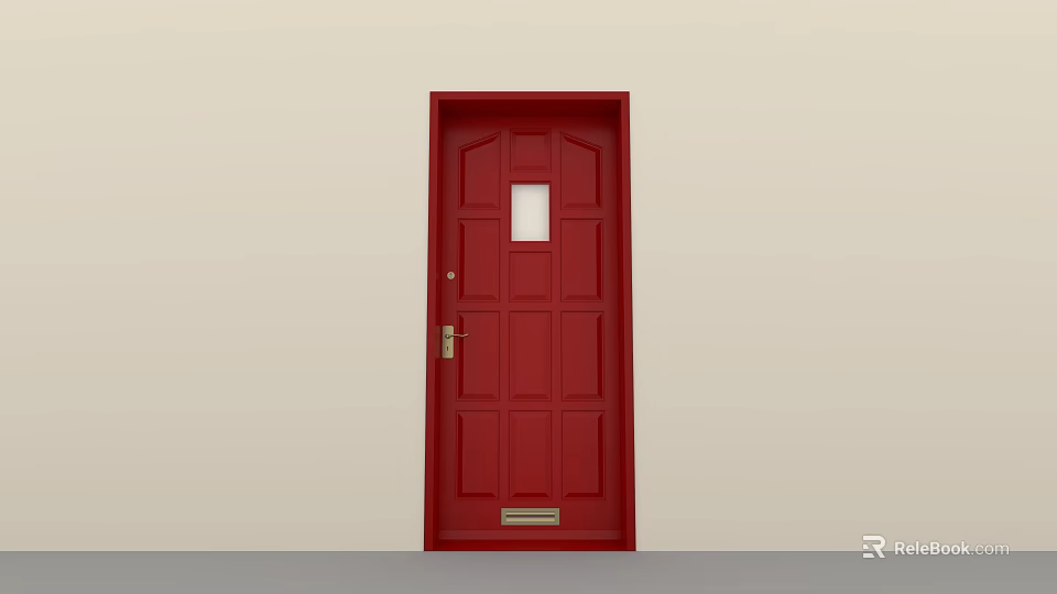 Red Security Door Featuring Small Window Golden Handle Latch And Simple Design 3d model