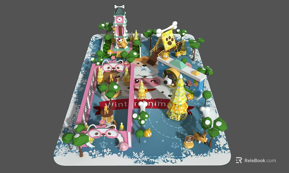 Vibrant Children's Playground Featuring Winter Kingdom Theme Slide Carousel And Trees 3d model 