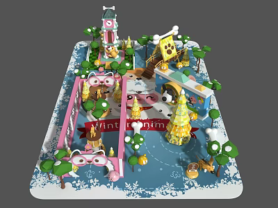 Vibrant Children's Playground Featuring Winter Kingdom Theme Slide Carousel And Trees 3d model