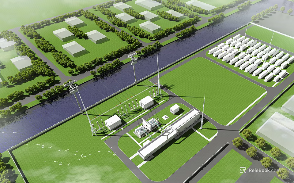 Aerial Planning Layout With Green Spaces Buildings Roads And Water Body 3d model 