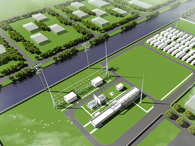 Aerial Planning Layout With Green Spaces Buildings Roads And Water Body 3d model
