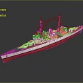 Realistic Warship Model With Red Bottom White Hull Blue Deck Masts Guns And Reflective Surface