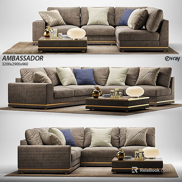 Gray Fabric Two Seater Sofa With Blue Beige Cushions And Wooden Coffee Table 3d model 
