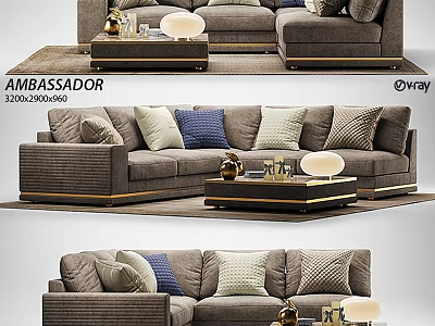 Gray Fabric Two Seater Sofa With Blue Beige Cushions And Wooden Coffee Table 3d model