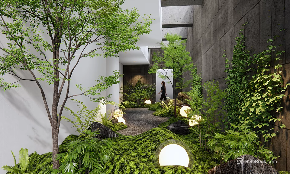 Modern Courtyard Garden Design With Lush Greenery Trees Stone Pathway And Round Lights 3d model 