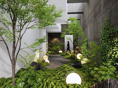 Modern Courtyard Garden Design With Lush Greenery Trees Stone Pathway And Round Lights 3d model