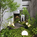 Modern Courtyard Garden Design With Lush Greenery Trees Stone Pathway And Round Lights