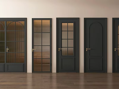 Black Hinged Doors With Various Glass Designs On Wooden Floor And Light Colored Walls 3d model