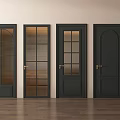 Black Hinged Doors With Various Glass Designs On Wooden Floor And Light Colored Walls