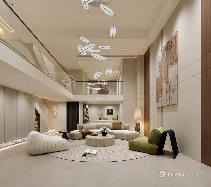 Modern Minimalist Living Room Interior With Round Rug Sofa Green Armchair And Pendant Lighting Artwork 3d model 